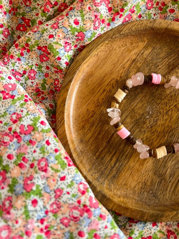 Bracelet quartz rose - Bracelet surfeur - perle naturelle - perle de coco - bracelet perle de coco - bracelet hippie - bracelet surf - surf - surfeur - bijoux surfeur - Wild louve - bracelet nature - bracelet ancrage