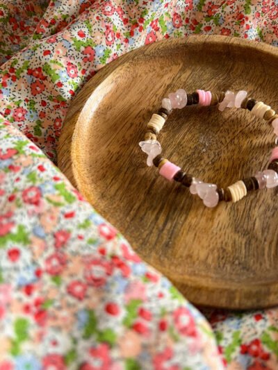 Bracelet quartz rose - Bracelet surfeur - perle naturelle - perle de coco - bracelet perle de coco - bracelet hippie - bracelet surf - surf - surfeur - bijoux surfeur - Wild louve - bracelet nature - bracelet ancrage
