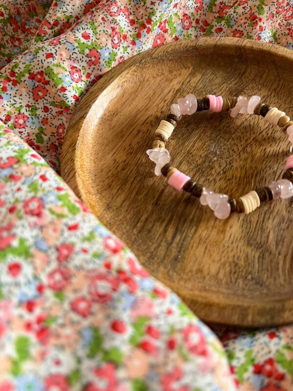 Bracelet quartz rose - Bracelet surfeur - perle naturelle - perle de coco - bracelet perle de coco - bracelet hippie - bracelet surf - surf - surfeur - bijoux surfeur - Wild louve - bracelet nature - bracelet ancrage